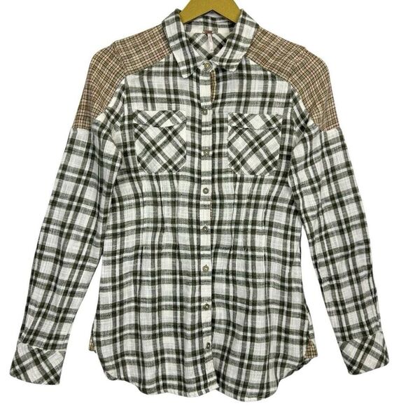 Free People Catch Up With Me Mixed Plaid Flannel Button Up Shirt XS Green White - Picture 1 of 8